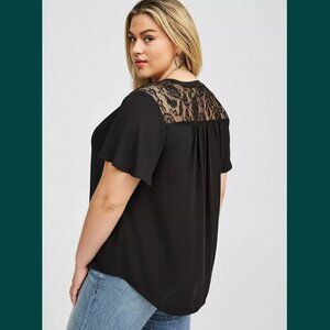 Torrid - Harper Georgette Lace Yoke Flutter Sleeve Top in Deep Black​​​​​​